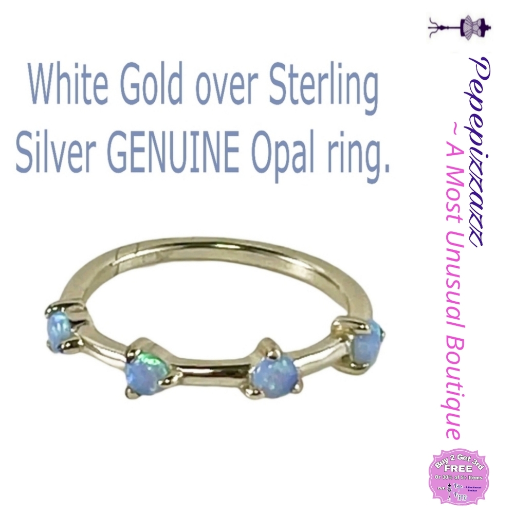 GENUINE OPAL 4 STONE STATION RING. WHITE GOLD PLATED STERLING SILVER 925 SIGNED